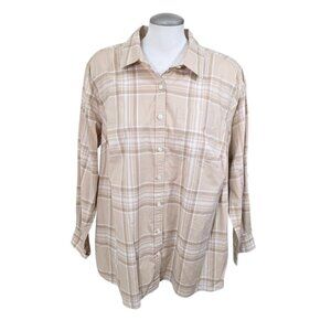 Lands End Womens 1X Plaid Button Up Top Shirt Grunge Urban Beige Tan